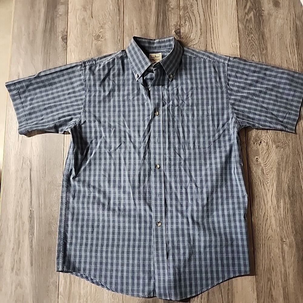 Lands' End Mens Short Sleeve Plaid Cotton Button Front Blue Sz M
